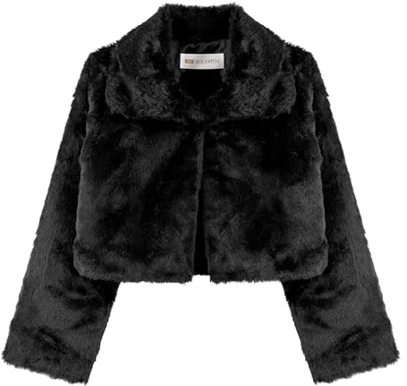 BOLEROSE Girls Cozy Faux Fur Childrens Kids Collared Bolero Shrug Jacket Coat (Black, 7-8 Years)