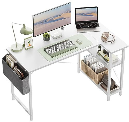 CubiCubi Schreibtisch L-Form, 120 x 70 cm Gaming Tisch mit 2 Ablagefächern, Wendbarer Eckschreibtisch Computertisch für Home Office, Studium und Gaming, Weiß