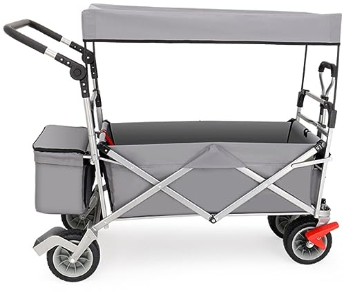 ZWQXZX Bollerwagen Faltbar Strandwagen Faltbollerwagen Klappbarer Gartenwagen, Robuster Wagen Mit Vordach Für Outdoor-Camping, Strand, Zugwagen Mit 4 Rädern Transportwagen Handwagen(Grey)