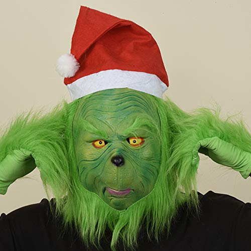 TZPAUG Weihnachtsmaske, Grüne Gesichtsmaske, Weihnachtsmaske mit Weihnachtsmütze und Monster Handschuhe, Latex-Maske,Christmas Kostüm Zubehör, Weihnachten Cosplay