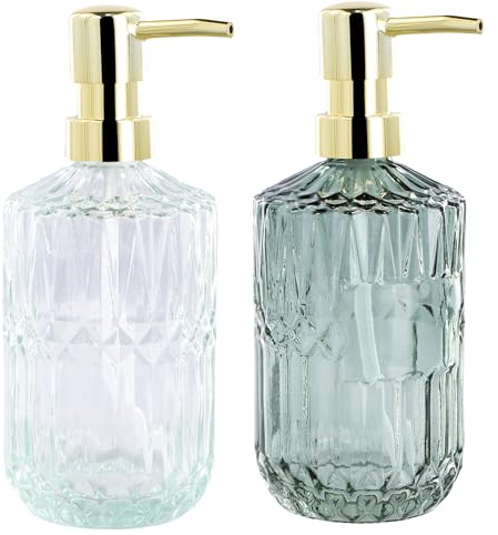 Volumoon Dispensadores de Jabón, 2 Piezas Dispensador de Jabón de Cristal con Bomba, Diseño Elegante, Dispensador Gel y Champu Ducha, Vintage Botella de Cristal, para Baño, Cocina