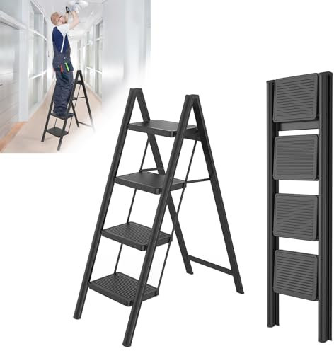 Froadp Escabeau pliable à 4 marches - Antidérapant - En fer - Multifonction - Pour la maison, la cuisine et l'extérieur - Charge maximale : 250 kg