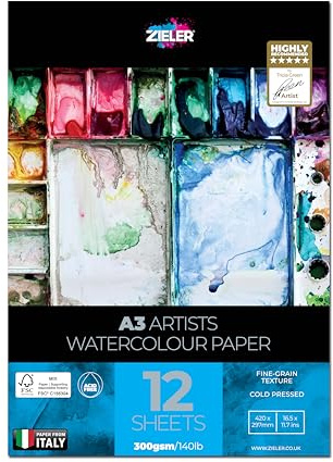 Feinkörniges strukturiertes Aquarellpapier - von Zieler® 12 Blatt | 300 g/m² | ideal für Wet on Wet Techniques | FSC Mix & säurefrei | Inklusive Starter-Tippbogen (A3)