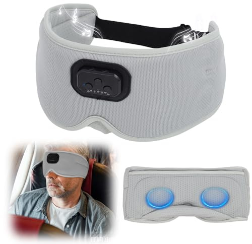 AURTEC 360° Blackout Sleep Eye Mask with Wireless Bluetooth 5.2 Headphones, Comfortable and Adjustable 3D Design, White Sound for Insomnia, Long Battery Use for Travel/Nap/Camping/Night Sleep Grey