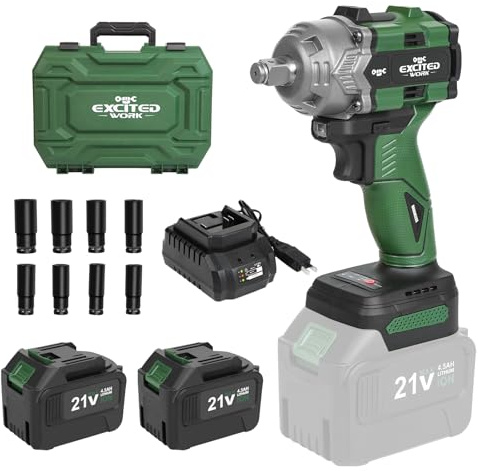 Excited Work 20V Brushless Impact Wrench Kit, 600Nm 1/2 Inch Impact Wrench with 2 x 4.5Ah Battery, 2500RPM High Torque Impact Gun, Fast Charger and Tool Box