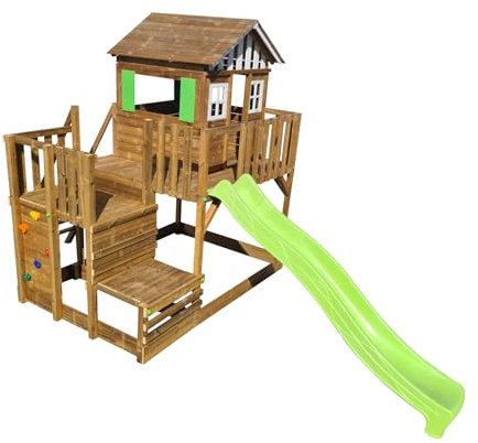 | MASGAMES | Parque Infantil Siracusa XL | Uso doméstico | Anclajes incluidos | Madera tratada Autoclave IV | Casita elevada con tobogán | Pared de Escalada | Arenero |