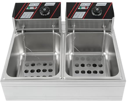 Friteuse électrique à double réservoir en acier inoxydable - Friteuse électrique submersible - Double friteuse gastronomique - Avec zones froides commerciales profondes - Argenté - Pour restaurants