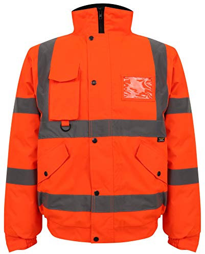 Hi Vis High Visibility Safety Security Reflective Protective Waterproof, Windproof Padded Workwear Bomber Jacket Coat With Concealed Hood Orange XL