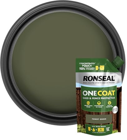 Ronseal One Coat Shed & Fence Pouch Forest Green 950ml - Mix with Water to Make 5 Litres of Paint for Effortless Coverage and Long-Lasting Protection