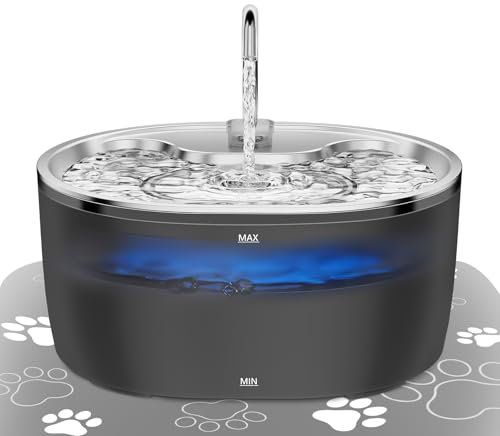 Tyonto Edelstahl Katzenbrunnen Trinkbrunnen mit LED-Licht,3.2L,Ultra-Leise,Wasserspender Fountain USB-Stromversorgung,Wasserbrunnen Aktivkohle,Mehrstufige Filtration