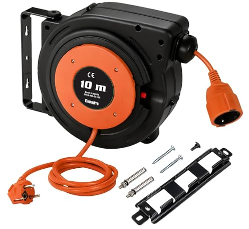 EnergyPro Avvolgicavo 15 m + 2 m, 2300 W, cavo di prolunga montato a parete, avvolgimento automatico, rotazione di 180°, rilevamento TÜV, materiale di installazione incluso arancione