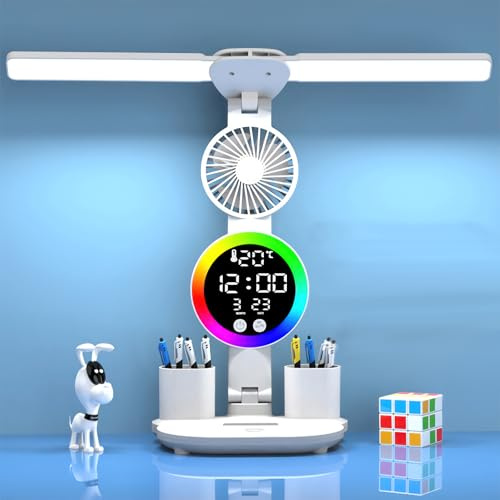 LED Desk Lamp Touch Control, USB Rechargeable Eye-Caring Reading Light | Foldable Study Lamps with 3 Colour Mode and Fan, Adjustable Brightness Desk Light Clock Calendar Temperature Display, White