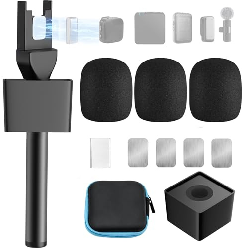 Mic Handle for DJI/DJI Mini/3, Microphone Holder for Rode Wireless GO/Hollyland Lark/Lavalier Mic, Universal Magnetic Mic Stand, Mic Holder with 3 Pop Filter for Vlogging, Interview, Podcast, Reports