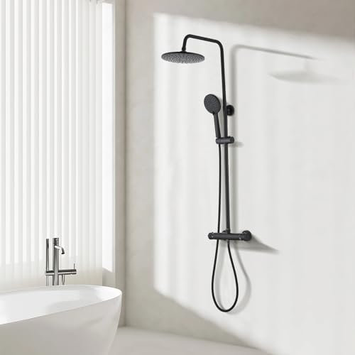Columna de Ducha Termostática STANEW Sistema de Ducha Termostática 38°C, con Cabezal de Ducha Redondo de ABS, Ducha de Lluvia Ajustable en Altura (Negro)