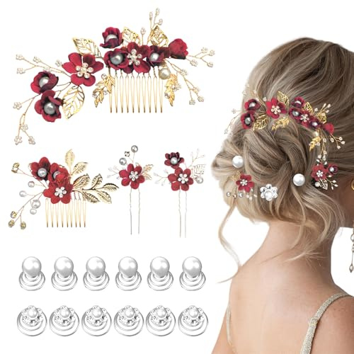 16 piezas Accesorios para el cabello en burdeos, peines de flores & horquillas en forma de U con perlas en espiral, adornos para novias, damas de honor e invitados