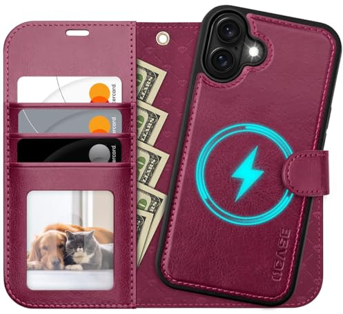 OCASE mobilskal för iPhone 17 Skal Avtagbart 2-i-1 Magnetiskt Premium PU-läder Fällbart skal Trådlös laddning Kortfack RFID Stativfunktion Skyddande skal för iPhone 17 – Burgundy