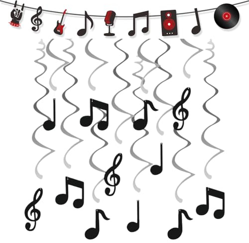 12 Stück Musik Wirbel Deko, Folien Deckenhänger, Hängende Wirbelbänder, Spiralband mit Partybanner für Geburtstag, Musikfestivals oder Karneval Partydeko