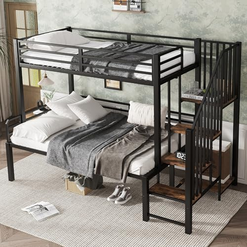 Idemon Letto in ferro a castello, cabina angolare, vano portaoggetti, MDF, nero+legno vintage, 90x200 cm e 120x200 cm