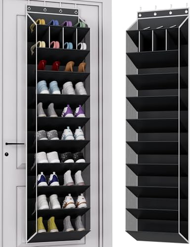 KYEVIS Schuhregal Hängend Tür mit 10 tiefen Taschen & 4 Fächern, Schuhorganizer Hängend für 28 Paar Schuhe, stabil mit Bambusleisten, platzsparende Schuhaufbewahrung für Tür Innenseite & Camping