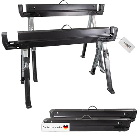 Lemodo, Arbeitsbock höhenverstellbar, 2er Set, klappbar, je 590 kg | Montagebock aus Stahl, 8-fach einzeln verstellbare Füße, Tragegriff, Plattenhalter, Kantholz-Aufnahmen, Werkstatt & Baustelle