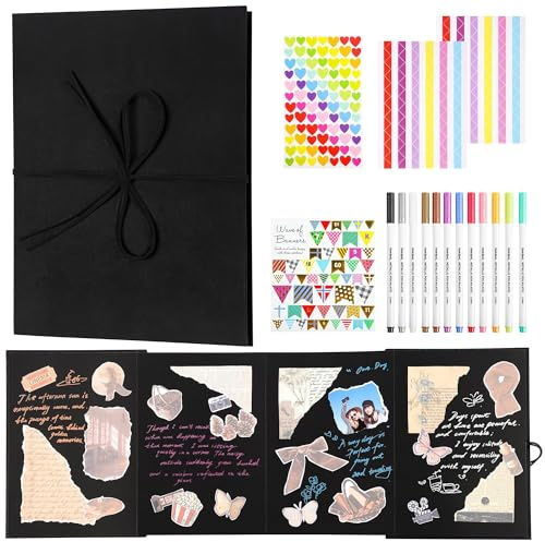 Fotoalben, 66 Seiten, Scrapbook, 21 x 28 cm, schwarz, DIY-Erinnerungsbuch, Scrapbooking mit 12 Metallic-Stiften, 300 g/m², Bilderbuch für Hochzeitsgeschenk, DS01A4BK66