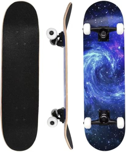 ERNAN Komplett skateboard för nybörjare, 81 x 20 cm dubbel sparkskateboard för barn, tonåringar och vuxna. med Skate T-verktyg. (Blå nebulosa)