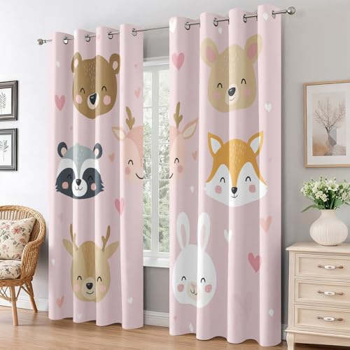 Generisch Cartoon Tier Vorhänge Wohnzimmer Deko, Wald Tier Kinder Gardinen Blickdicht Schlafzimmer Fenster, Thermo Verdunklungsvorhänge mit Ösen 2er Set, H 138 x B 117 L-C&56