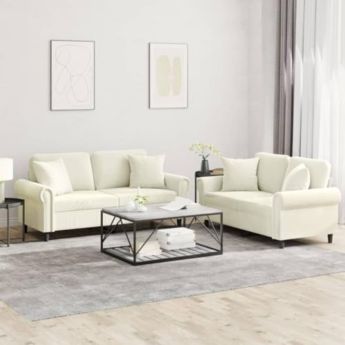 Runheo 2-TLG. Sofagarnitur, Creme Samt, Modernes Design, Robuster Metallrahmen, Bequeme Polsterung, Wohnzimmer Möbel Set, Inklusive 4 Zierkissen
