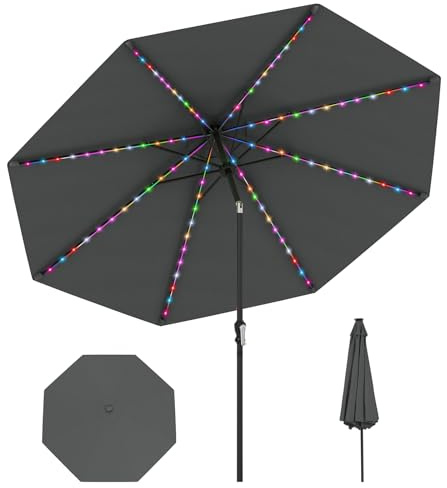 COSTWAY parasoll 300 cm med LED-solbelysning, 9 belysningslägen, trädgårdsparasoll med vev, vikbar 35° på båda sidor, terrassparasoll, marknadsparaply för trädgård, balkong, terrass (Antracit)