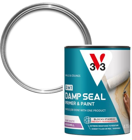 V33 Damp Seal 2-in-1 Paint for Walls & Ceilings, Pure White Eggshell, 750ml | Built-in primer, Blocks damp stains, Moisture-resistant finish, Non-flaking finish, Excellent adhesion