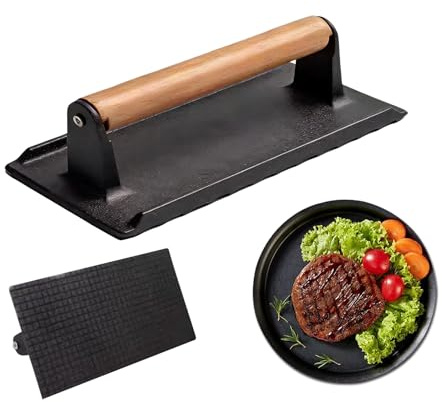 Plato de prensa de carne, peso rectangular sin revestimiento con mango de madera grueso, herramienta de parrilla al aire libre para una distribución uniforme del calor, cocinar filetes, hamburguesas