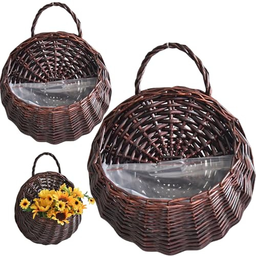 Takingup 2 cestas Colgantes Vintage de ratán Natural, Cesta de Almacenamiento para Plantas de Montaje en Pared, Maceta para el hogar, jardín, Interior, marrón Oscuro y macetero de ratán