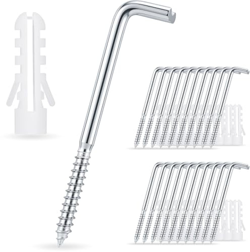 XLTBOMS 20 Stück L-Haken Schraubhaken Gerade, M6-80mm Hakenschrauben | Wandhaken Zum Schrauben mit Kreutzschlitz, Schraub-Expansionsrohr, L-Schrauben Verzinkt für Holz, Beton, Haus, Büro