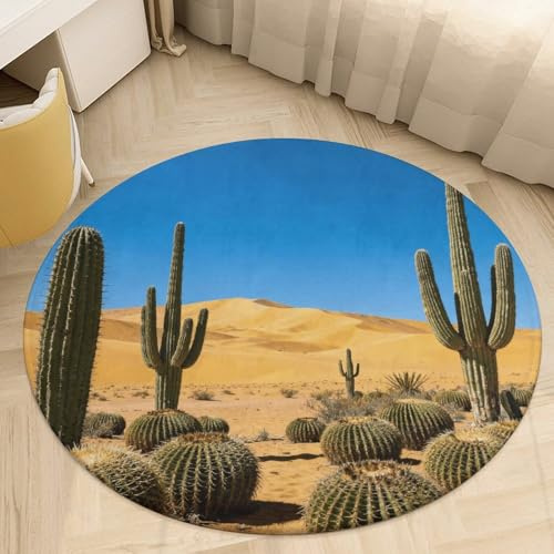 3' Round Area Rugs Ultra-Thin 0.2 Coral Velvet Low Pile Desert Cactus View Indoor Mats for Entryway Circle Bathroom Rug Welcome Front Door Mat Floor Carpet for Bedroom Decor