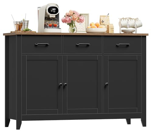 HOCSOK Aparador de Cocina con encimera, Armario Buffet con 3 cajones, 3 Puertas, 1 Estante Fijo y 1 Ajustable, para Cocina, salón, Comedor, 120 x 40 x 85 cm (Negro)