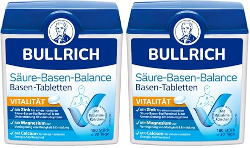 Bullrich Säure-Basen-Balance Basentabletten | Mit Zink für einen ausgeglichenen Säure-Basen-Haushalt | Vegan | Inkl. Mitnahme-Röhrchen | 180 Stück (2er Pack)