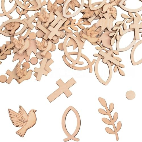 KOHVAN 100 Pcs Decoración Bautizo y Comunión de Madera para Mesa, 5 Estilos Confeti Madera con Cruz Paloma Pez, Adornos para Primera Comunión Niño y Niña, Decoración Mesa Dulce y Candy Bar