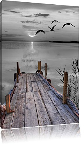 Pixxprint schöner Steg mit Vögeln B&W, Größe: 120x80cm, Leinwandbild, fertig gespannt, Wandbild, Dekoration, Kunstdruck, kein Poster