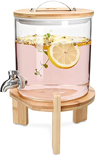 Navaris Dispenser Bevande in Vetro 5l - con Rubinetto Coperchio e Stand in bambù - Distributore Erogatore Acqua Bibite Calde Fredde - Drink Dispenser