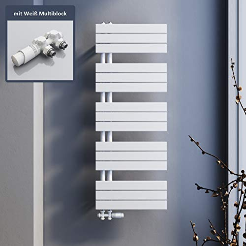 SONNI Badheizkörper Flach Handtuchtrockner 1314 x 500 mm Weiß Handtuchwärmer mit Multiblock Seitenanschluss Panel Handtuchheizkörper