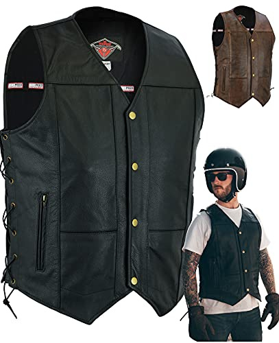 Texpeed gilet da moto in pelle - Motociclista in pelle da uomo tagliato - Tasche con cerniera per motociclisti originali/tagliato con lati intrecciati Nero - L