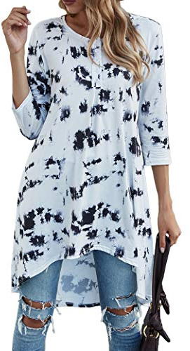 Naggoo Womens 3/4 Sleeve Hi Low V neck Long Blouses Tie Dye Print Loose Tunic Tops Shirts, Black White, XX-Large
