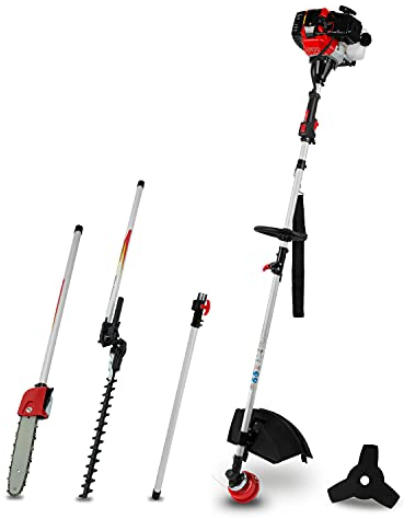 EBERTH Motorsense Freischneider Rasentrimmer Multitool 4in1 Benzin, Tragegurt Inkl., 3PS, 52ccm Hubraum, 2-Takt Motor, Fadenkopf mit Tippautomatik, Dickichtmesser, Heckenschere, Astsäge, Seilzugstart