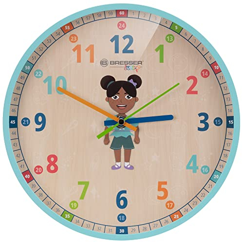 BRESSER Orologio da parete per bambini, silenzioso, con famiglia Flora, Luna o Lukas su quadrante colorato, 25 cm, blu, standard