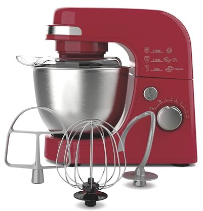 Hamilton Beach Electric Stand Mixer, 4 Quarts, Dough Hook, Flat Beater Attachments, Splash Guard 7 Speeds with Whisk, Red