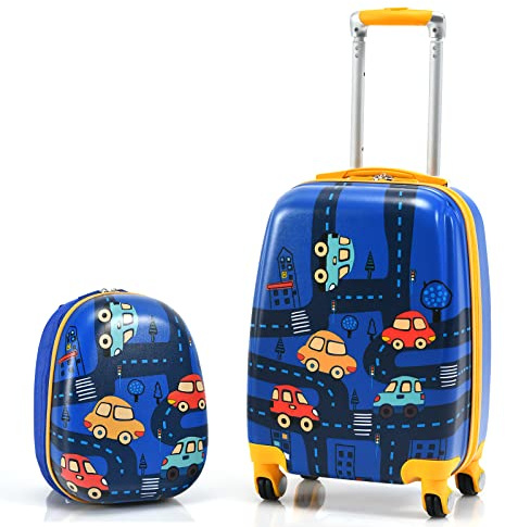 BABY JOY 2 PC Kids Carry On Luggage Set, 12” Backpack & 18” Toddler Suitcase, Hard Shell Travelling Case & Backpack w/ 4 Rotating Casters, Cute Rolling Trolley Case for Boys & Girls (Car)