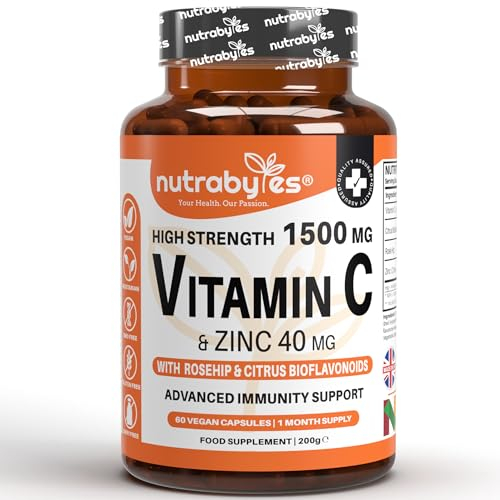 Nutrabytes High Strength 1,500mg Vitamin C & 40mg Zinc Supplement, 60 Capsules | Advanced Immune Support with Rosehip & Citrus Bioflavonoids for Healthy Skin & Joints | 1 Month Supply of Vegan Tablets