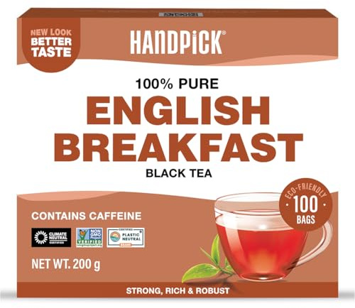 HANDPICK Té Negro English Breakfast en Bolsitas (100 unidades) – fuerte y robusto con alto contenido en cafeína, sin transgénicos, ideal para té English Breakfast y kombucha