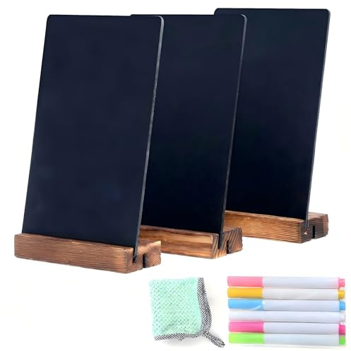 7.9x5.1 Desktop Chalkboard Sign with Wood Base, Message Board Menu Board Chalkboard for Shop Wedding Kitchen Home Party (3 Pack 7.9x5.1)