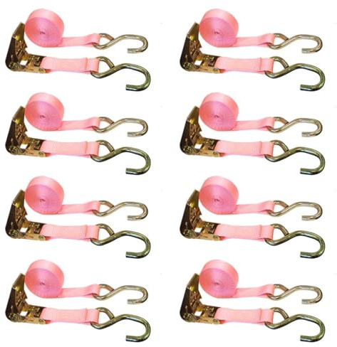 Mega Cargo Control S Hook Ratchet Straps, 1 x 15' Heavy Duty Securing Straps, 333 LBS Load Capacity | Utility Tie Downs for Cargo, Appliances, ATV, Motorcycle - 8X; Pink